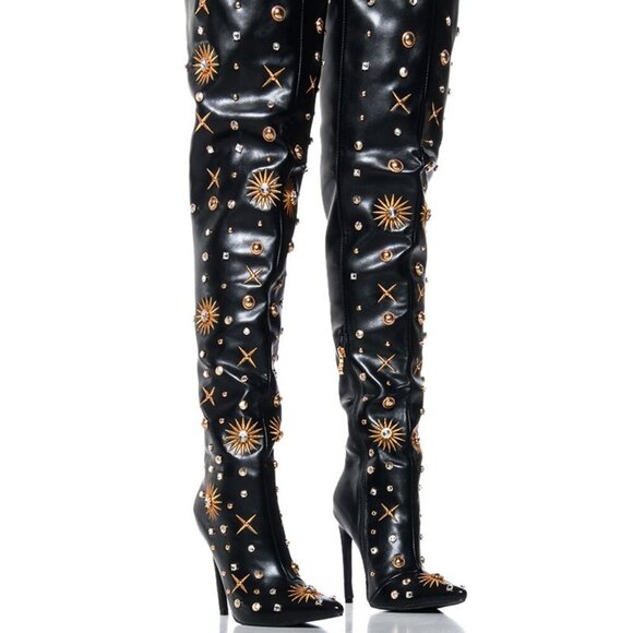 AZALEA WANG " MODEST MEDALLIONS " GOLD EMBELLISHMENT BOOT IN BLACK(BRAND NEW !!! - Picture 1 of 7
